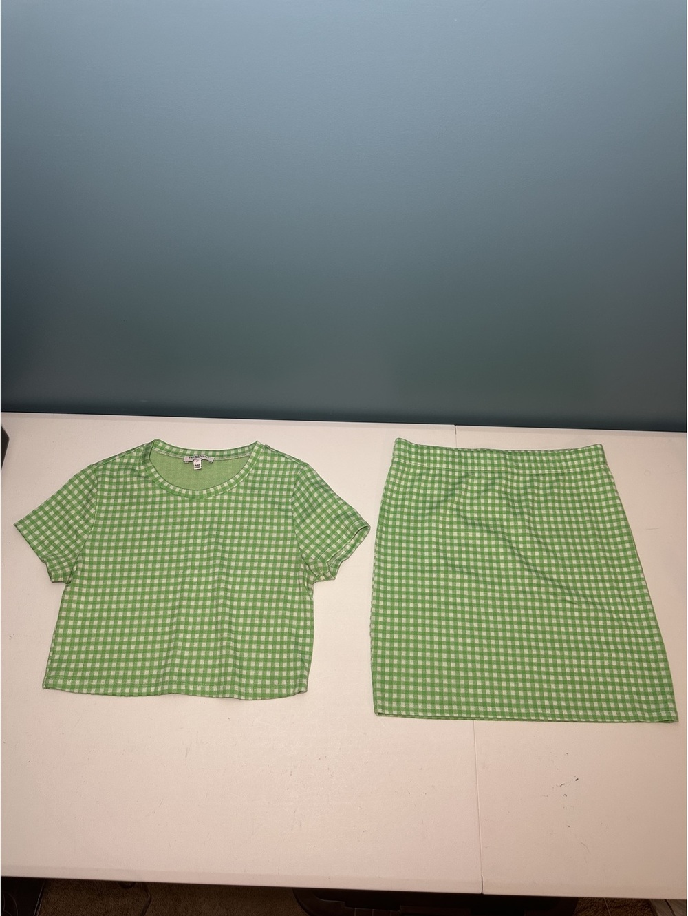 FRESHMAN 1996 Green and White Checkered Crop Top and Skirt Set, Size M